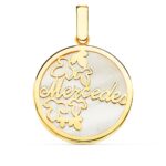 18K COLGANTE ORO AMARILLO CON NACAR PERSONALIZADO FLORES Y NOMBRE, 20 MM