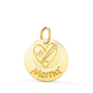 18K COLGANTE ORO AMARILLO REDONDO TE QUIERO MAMA CORAZON GRABADO, 14 MM