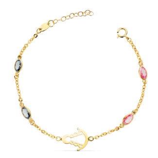 18K PULSERA ORO AMARILLO SILUETA VIRGEN ROCIO 14X11 MM CON CIRCONITAS ROSAS Y AZULES, LARGO: 15 3 CM