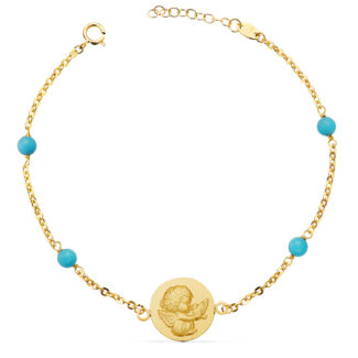 18K PULSERA ORO AMARILLO MEDALLA ANGELITO 14 MM Y BOLAS TURQUESAS, LARGO: 19 3 CM