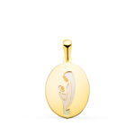 18K MEDALLA ORO AMARILLO VIRGEN MADRE OVAL CON NACAR BLANCO EN BRILLO, MEDIDA: 15X12 MM
