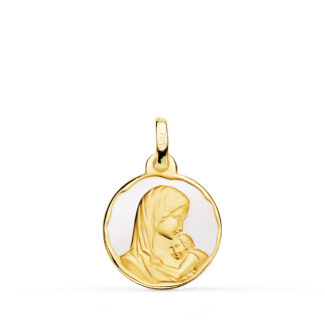18K MEDALLA ORO AMARILLO VIRGEN MADRE AMOR MATERNAL ESMALTE BLANCO 16 MM