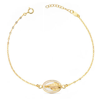 18K PULSERA ORO AMARILLO VIRGEN MILAGROSA ESMALTE BLANCO 13X10 MM, CADENA TALLADA: LARGO: 17-3 CM