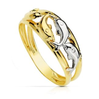 18K SORTIJA ORO BICOLOR CON DELFINES EN BRILLO, ANCHO CUERPO: 8 MM