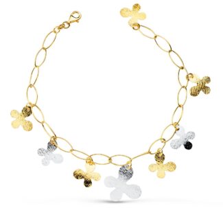 18K PULSERA ORO BICOLOR ESLABONES HUECOS CON MARIPOSAS, ANCHO 5 MM LARGO 21CM