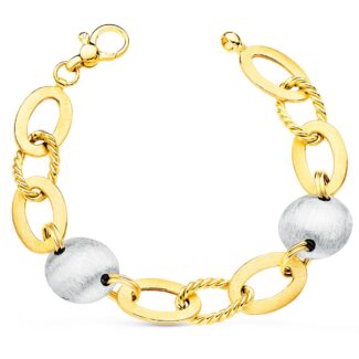 18K PULSERA ORO BICOLOR ARTICULADA MOTIVOS OVALES Y REDONDOS MATIZADOS, 19, CM