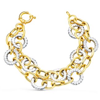 18K PULSERA ORO BICOLOR DOBLE CADENA HUECA MOTIVOS REDONDOS 20,5 CM