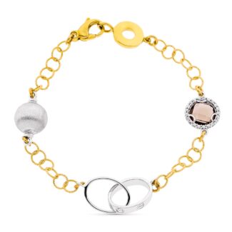 18K PULSERA ORO BICOLOR ESLABONES PIEDRA FUME, ANCHO 10 MM LARGO 19CM