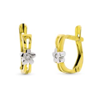 18K PENDIENTES ORO BICOLOR FLOR CON DIAMANTES NATURALES SI-H, CIERRE CATALAN