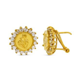 18K PENDIENTES ORO AMARILLO MONEDA MADRE, 14X13 MM CIERRE OMEGA