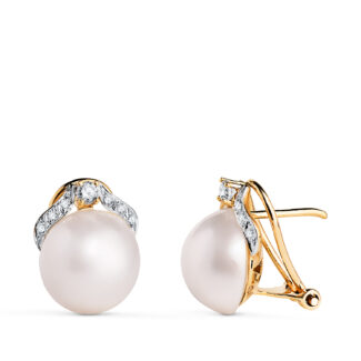 18K PENDIENTES ORO BICOLOR PERLA JAPONESA CON CIRCONITAS, MEDIDA: 14X11 MM, CIERRE OMEGA