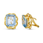 18K PENDIENTES ORO AMARILLO CANASTILLA AGUAMARINA 12X10 MM CIERRE OMEGA