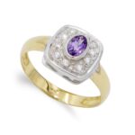 18K SORTIJA ORO BICOLOR AMATISTA Y CIRCONITAS, ANCHO: 11X11 MM