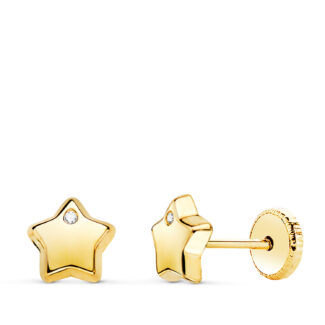 18K PENDIENTES ORO AMARILLO CON ESTRELLA Y CIRCONITA BRILLO 6,5X6,5 MM, CIERRE TUERCA