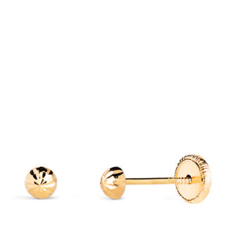 18K PENDIENTES ORO AMARILLO MEDIA BOLA TALLADA HUECA, ANCHO: 3 MM, CIERRE TUERCA