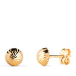 18K PENDIENTES ORO AMARILLO MEDIA BOLA TALLADA HUECA, ANCHO: 6 MM, CIERRE PRESION