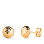 18K PENDIENTES ORO AMARILLO MEDIA BOLA TALLADA HUECA, ANCHO: 7 MM, CIERRE PRESION