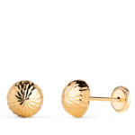 18K PENDIENTES ORO AMARILLO MEDIA BOLA TALLADA HUECA, ANCHO: 7 MM, CIERRE TUERCA