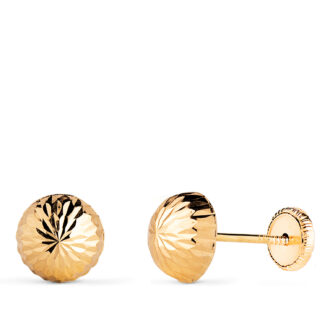 18K PENDIENTES ORO AMARILLO MEDIA BOLA TALLADA HUECA, ANCHO: 7 MM, CIERRE TUERCA