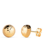 18K PENDIENTES ORO AMARILLO MEDIA BOLA TALLADA HUECA, ANCHO: 8 MM, CIERRE PRESION