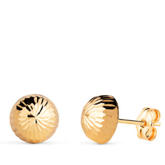 18K PENDIENTES ORO AMARILLO MEDIA BOLA TALLADA HUECA, ANCHO: 8 MM, CIERRE PRESION