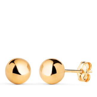 18K PENDIENTES ORO AMARILLO BOLA LISA BRILLA HUECA, ANCHO: 7 MM, CIERRE PRESION
