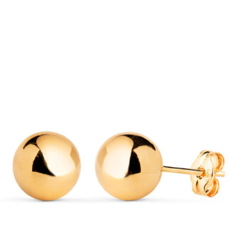 18K PENDIENTES ORO AMARILLO BOLA LISA BRILLA HUECA, ANCHO: 8 MM, CIERRE PRESION