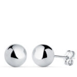 18K PENDIENTES ORO BLANCO BOLA LISA BRILLA HUECA, ANCHO: 8 MM, CIERRE PRESION