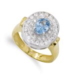 18K SORTIJA ORO BICOLOR AGUAMARINA Y CIRCONITAS, 16X14 MM
