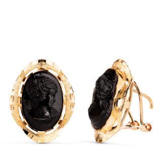 18K PENDIENTES ORO AMARILLO CAMAFEO NEGRO CERCO TALLADO, MEDIDA: 19X15 MM, CIERRE OMEGA