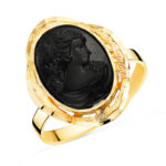 18K SORTIJA ORO AMARILLO CAMAFEO NEGRO OVAL CERCO TALLADO, MEDIDA: 19X14 MM