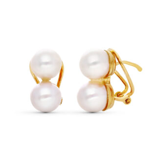 18K PENDIENTES ORO AMARILLO TU Y YO PERLA CULTIVADA CIERRE OMEGA
