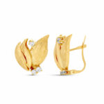 18K PENDIENTES ORO AMARILLO HOJAS LAPIDADAS, 19X15 MM CIERRE CATALAN