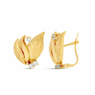 18K PENDIENTES ORO AMARILLO HOJAS LAPIDADAS, 19X15 MM CIERRE CATALAN