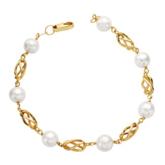 18K PULSERA ORO AMARILLO PERLA REDONDAS DE 8 MM Y JAULAS DE ORO 19CM