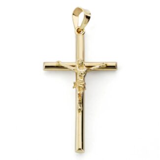 9K CRUZ ORO AMARILLO TUBO CON CRISTO, 31X16 MM