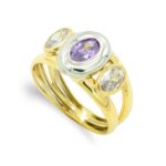 9K SORTIJA ORO BICOLOR PIEDRA DOBLE CUERPO CON CIRCONITA AMATISTA OVAL EN BOCEL, ANCHO: 10 MM