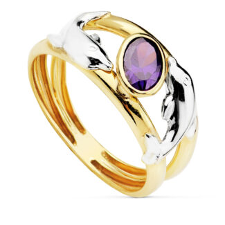 18K SORTIJA BICOLOR PIEDRA AMATISTA Y DELFINES