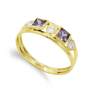 9K SORTIJA ORO AMARILLO DOBLE CUERPO CON CIRCONITAS BLANCAS Y COLOR AMATISTA, ANCHO: 4 MM