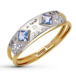 9K SORTIJA ORO BICOLOR DOS CUERPOS CON CALADO Y CIRCONITA AGUA MARINA, ANCHO: 5,5 MM