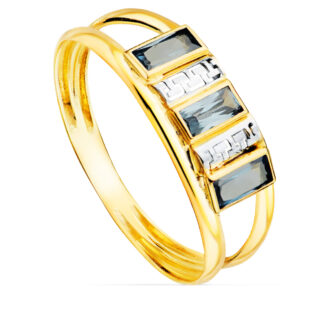 9K SORTIJA ORO BICOLOR DOBLE CUERPO GRECA CALADA CON CIRCONITA AGUAMARINA, ANCHO: 8 MM