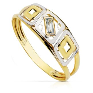 9K SORTIJA ORO BICOLOR DOBLE CUERPO MOTIVO CALADO CON CIRCONITA AMATISTA, ANCHO: 6,5 MM