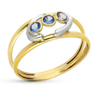 9K SORTIJA ORO BICOLOR DOBLE CUERPO MOTIVO CON CIRCONITAS COLOR AGUAMARINA, ANCHO: 8,5 MM