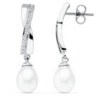 9K PENDIENTES ORO BLANCO PERLA 32X7 MM CIERRE PRESION
