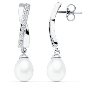 9K PENDIENTES ORO BLANCO PERLA 32X7 MM CIERRE PRESION