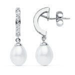 9K PENDIENTES ORO BLANCO PERLA 28X8 MM CIERRE PRESION