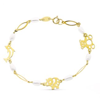 9K PULSERA ORO AMARILLO Y PERLA CON MOTIVOS ANIMALES 4,5 MM LARGO 16CM