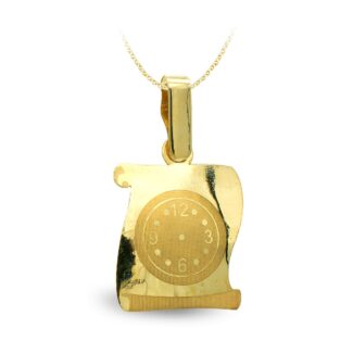 9K COLGANTE PERGAMINO ORO AMARILLO RELOJ GRABADO, 16X13 MM