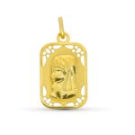 9K MEDALLA ORO AMARILLO VIRGEN NIÑA CALADA MATE Y BRILLO 19X11 MM