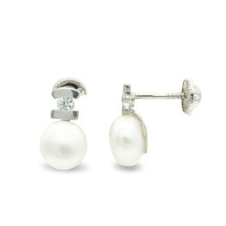 9K PENDIENTES ORO BLANCO PERLA CIRCONITA 10X6 MM CIERRE TUERCA